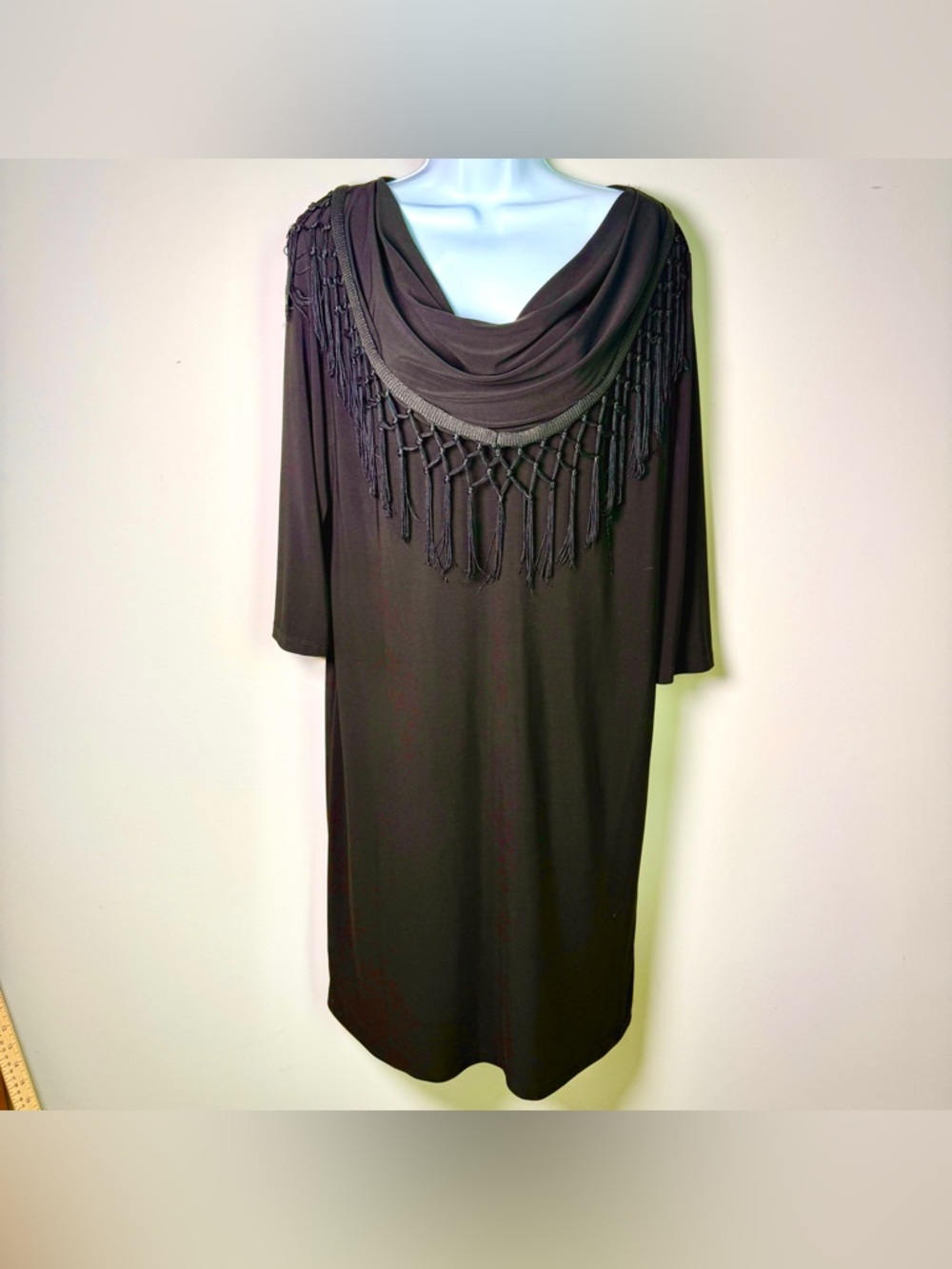 R&M Richards Black Fringe Cowl Neck Dress, Size 14 - LBD Party Date Night